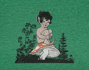 Cute Vintage Baby Elf Fairy With Mushroom Pop Cotton Unisex Tee T-Shirt