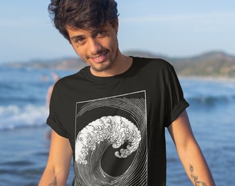 Vintage Japanese Folk Art Mori Yuzan Ocean Wave Surfing Surfer Pop Cotton Unisex Tee T-Shirt