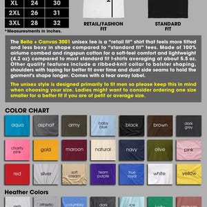 Pu&ograve; includere: Tabella delle taglie delle t-shirt unisex Bella + Canvas 3001 con misure di petto e lunghezza in pollici. Include una tabella colori con vari colori come acqua, nero e rosso. Il testo descrive la vestibilit&agrave; e il tessuto.