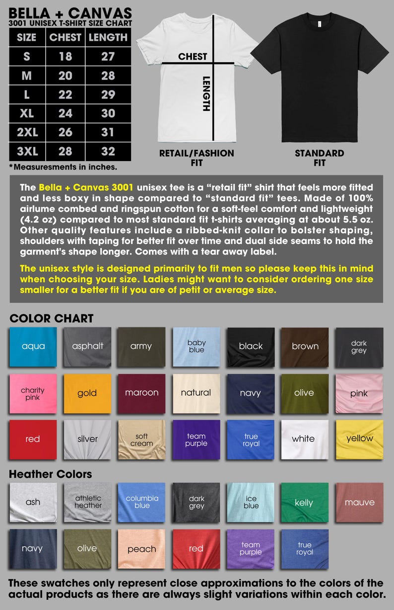 Pu&ograve; includere: Tabella delle taglie delle t-shirt unisex Bella + Canvas 3001 con misure di petto e lunghezza in pollici. Include una tabella colori con vari colori come acqua, nero e rosso. Il testo descrive la vestibilit&agrave; e il tessuto.