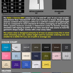 Puede incluir: Una tabla de tallas para camisetas unisex Bella + Canvas 3001, que muestra las medidas de pecho y largo en pulgadas para las tallas S a 3XL. La tabla tambi&eacute;n incluye una descripci&oacute;n de los estilos "retail fit" y "standard fit". Una tabla de colores muestra los diferentes colores disponibles para las camisetas.