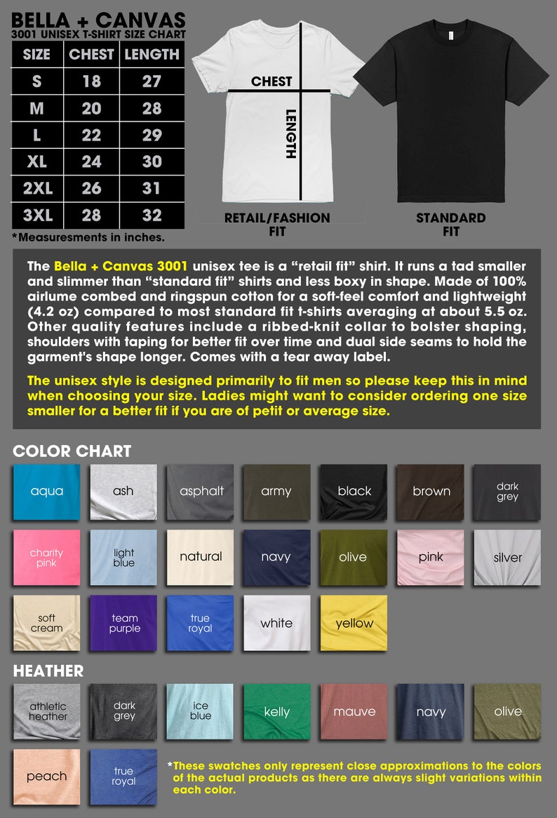 Puede incluir: Una tabla de tallas para camisetas unisex Bella + Canvas 3001, que muestra las medidas de pecho y largo en pulgadas para las tallas S a 3XL. La tabla tambi&eacute;n incluye una descripci&oacute;n de los estilos "retail fit" y "standard fit". Una tabla de colores muestra los diferentes colores disponibles para las camisetas.