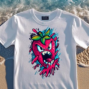 Camiseta de fresa enojada, camiseta de verduras de dibujos animados, camiseta con gráfico de comida divertida, regalo de cocina de fruta malvada, camiseta unisex de sublimación, camiseta unisex para amantes