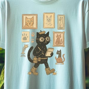 Black Cat Art T-Shirt– Organic Cotton Cute Cat Shirt–Chonky Cat Illustration Tee – Funny Gift for Artists – Naive Art Kitty Tee-Dark cat tee