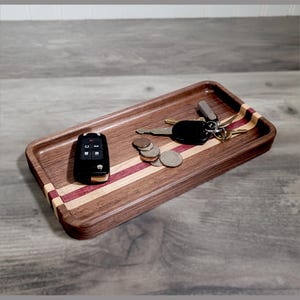 Elegant Rectangular Catchall Tray | Walnut, Maple & Purpleheart Wood | Handmade Desk Organizer | Durable Polyurethane Finish