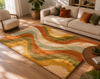 Modern golvend vloerkleed, abstract vloerkleed in aardetinten, retro boho tapijt, vloerkleed in mid-century stijl