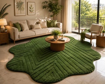 Bosgroen organisch gevormd vloerkleed, modern getuft pluche tapijt, botanisch vloerkleed voor de woonkamer