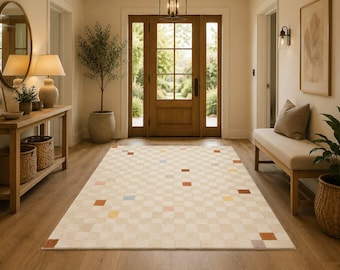 Neutraal geruit vloerkleed, modern crèmekleurig geometrisch tapijt, minimalistisch vloerkleed voor de woonkamer