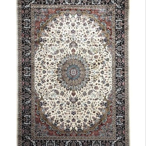 washable Silk rug placed in a living room setting showcasing its size, texture, and Persian-inspired motif.