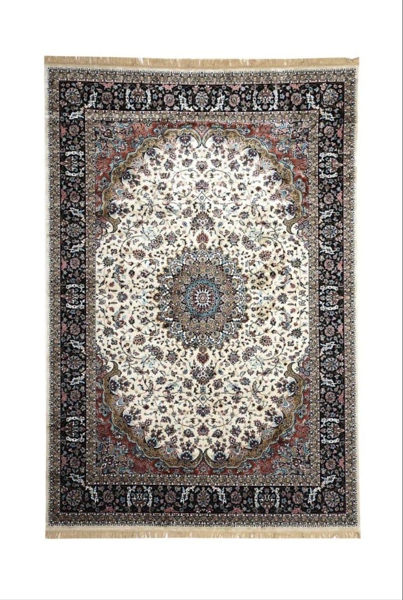 washable Silk rug placed in a living room setting showcasing its size, texture, and Persian-inspired motif.