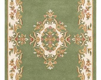 Handmade Aubusson Wool Rug, Vintage Floral Medallion Carpet, Green Ivory Area Rug