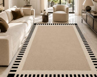 Modern beige vloerkleed met zwarte en ivoorkleurige neutrale accenten voor de woonkamer, wollen tapijt