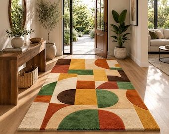 Geometrisch vloerkleed in mid-century modern stijl, abstract vloerkleed met kleurblokken, woonkamertapijt in aardetinten.