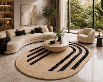 Modern ovaal geometrisch vloerkleed, beige en zwart Scandinavisch tapijt, minimalistisch eigentijds vloerkleed voor de woonkamer