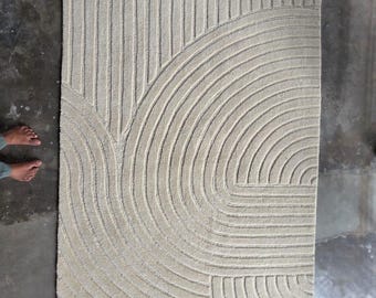 Modern beige abstract vloerkleed, neutraal gestructureerd geometrisch tapijt, minimalistisch Scandinavisch vloerkleed voor de woonkamer