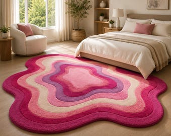 Roze abstract golvend vloerkleed, onregelmatig modern vloerkleed, pluche tapijt in bubbelvorm, slaapkamermat
