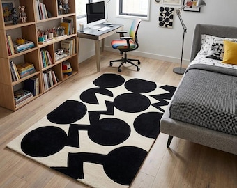 Zwart-wit geometrisch vloerkleed, modern abstract pluche tapijt, Scandinavisch minimalistisch vloerkleed voor de woonkamer