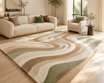 Handgetuft wollen vloerkleed, abstract vloerkleed met hoogteverschil, modern vloerkleed, luxe vloerkleed met textuur, vloerkleed voor de woonkamer, handgemaakt vloerkleed op maat