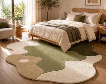 Organisch abstract groen vloerkleed, onregelmatig getuft pluche tapijt, modern saliegroen en beige vloerkleed