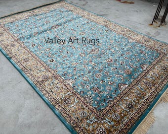 Handwoven Persian Silk Wool Rug for living room, 6x9ft Turquoise Floral Medallion