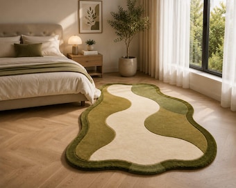 Organisch abstract groen vloerkleed, onregelmatig modern vloerkleed, groen golvend tapijt, vloerkleed voor de woonkamer