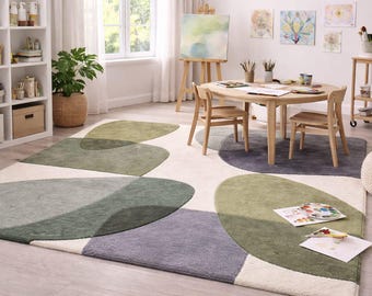 Modern botanisch abstract vloerkleed, groen geometrisch getuft tapijt, Scandinavisch vloerkleed voor de woonkamer