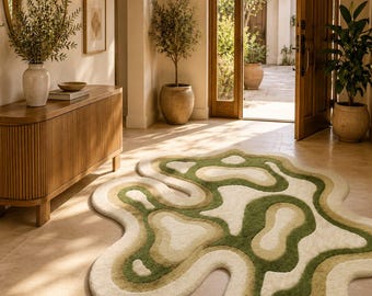 Organisch abstract groen vloerkleed, onregelmatig getuft pluche tapijt, modern botanisch woonkamerkleed