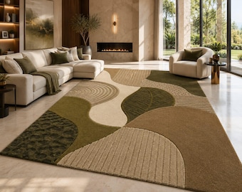 Modern abstract groen vloerkleed, eigentijds geometrisch slaapkamerkleed, neutraal vloerkleed voor de woonkamer