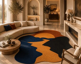 Abstracte vloerkleed met zonsondergang en riviermotief, modern tapijt met onregelmatige vorm, natuurthema, woonkamermat