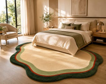 Organisch golvend vloerkleed, crèmegroen abstract pluche tapijt, modern onregelmatig vloerkleed voor de woonkamer