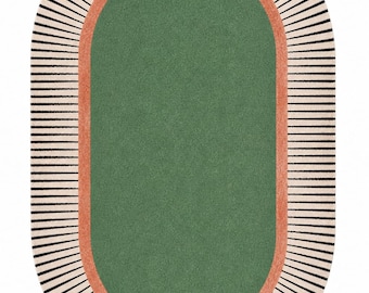 Hand getufteter Wollteppich | Grün Oval Teppich | Gestreifte Bordüre Teppich für Wohnzimmer Schlafzimmer Kinderzimmer | Handgefertigter Boho Teppich 13x20x20