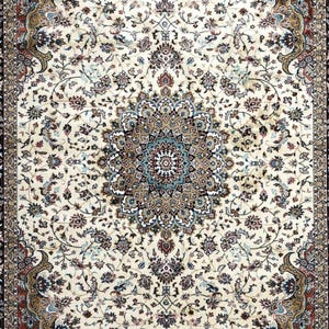 Full view of washable Persian rug with fringe edges, intricate motifs, and soft neutral tone