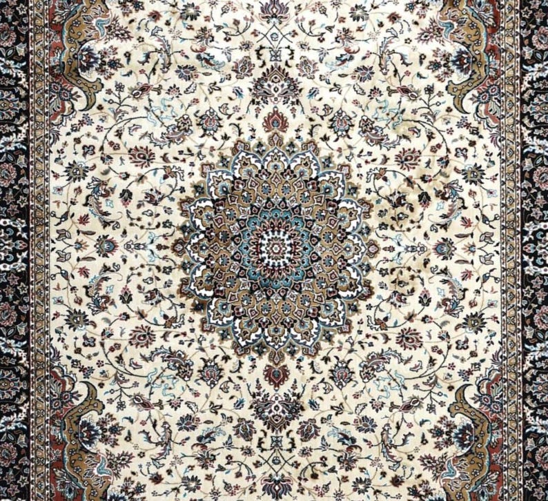 Full view of washable Persian rug with fringe edges, intricate motifs, and soft neutral tone