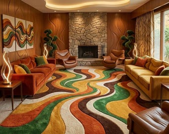 Retro abstract golvend vloerkleed, mid-century modern tapijt met kleurblokken, groen, goud en bruin vloerkleed