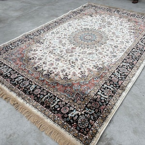 Neutral Ivory & Black Washable Rug | 2x6ft Persian Silk Wool Carpet | Soft Living Room Runner | Vintage Design Modern Home Decor