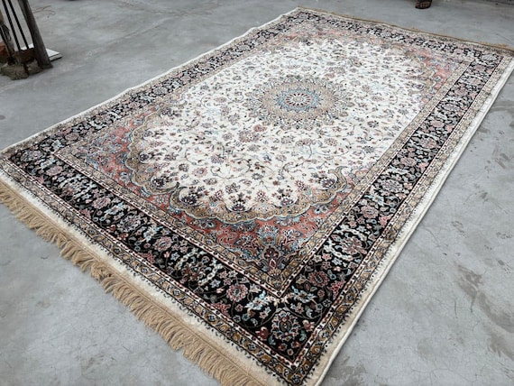 Hand Woven Viscose Silk Persian Style Rug – Large Oriental Medallion Carpet – Cream & Black Vintage Area Rug 8x11 , 6x9 feet