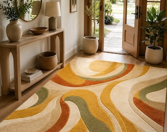 Modern abstract vloerkleed, vloerkleed met golvend patroon uit het midden van de vorige eeuw, boho woonkamerkleed, retro geometrisch vloerkleed