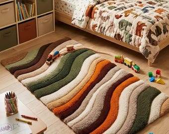 Modern vloerkleed met golvende strepen, getuft tapijt in aardetinten, vloerkleed met abstracte lijnen, speelmat voor de kinderkamer