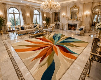 Modern abstract vloerkleed met wervelpatroon, kleurrijk geometrisch vloerkleed voor de woonkamer, eigentijds statement vloerkleed