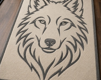 Modern vloerkleed met wolvenprint, minimalistisch tapijt met dierenprint, neutraal crème en zwart vloerkleed voor de woonkamer