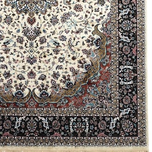May include: Ivory-colored area rug with an intricate floral pattern in shades of brown, red, and blue. The rug features a detailed border in black and ivory, with a fringe along the bottom edge. A classic home decor item.