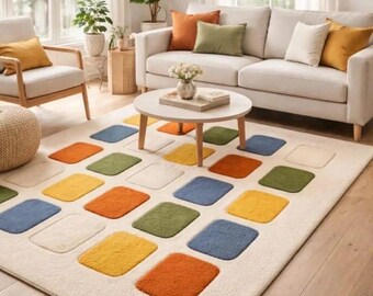 Kleurrijk geometrisch vloerkleed, modern getuft vloerkleed voor de woonkamer, pluche tapijt in mid-century stijl.