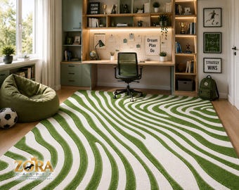 Abstracte vloerkleed met groene golfprint, modern gestreept tapijt, wit en olijfgroen vloerkleed, decoratie voor thuis of kantoor