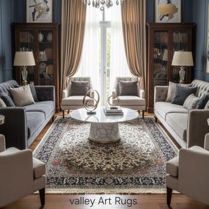 May include: A luxurious living room featuring a large patterned rug, two sofas, armchairs, and a marble coffee table. The room is decorated with artwork, lamps, and a chandelier. The text "valley Art Rugs" is visible.