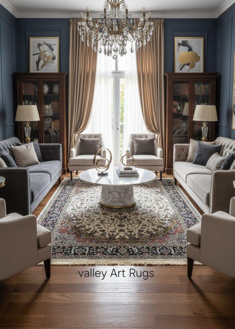 May include: A luxurious living room featuring a large patterned rug, two sofas, armchairs, and a marble coffee table. The room is decorated with artwork, lamps, and a chandelier. The text "valley Art Rugs" is visible.