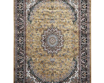 Hand Woven Viscose Silk Persian Style Rug – Large Oriental Medallion Carpet – Gold & Black Vintage Area Rug, 6x9 feet