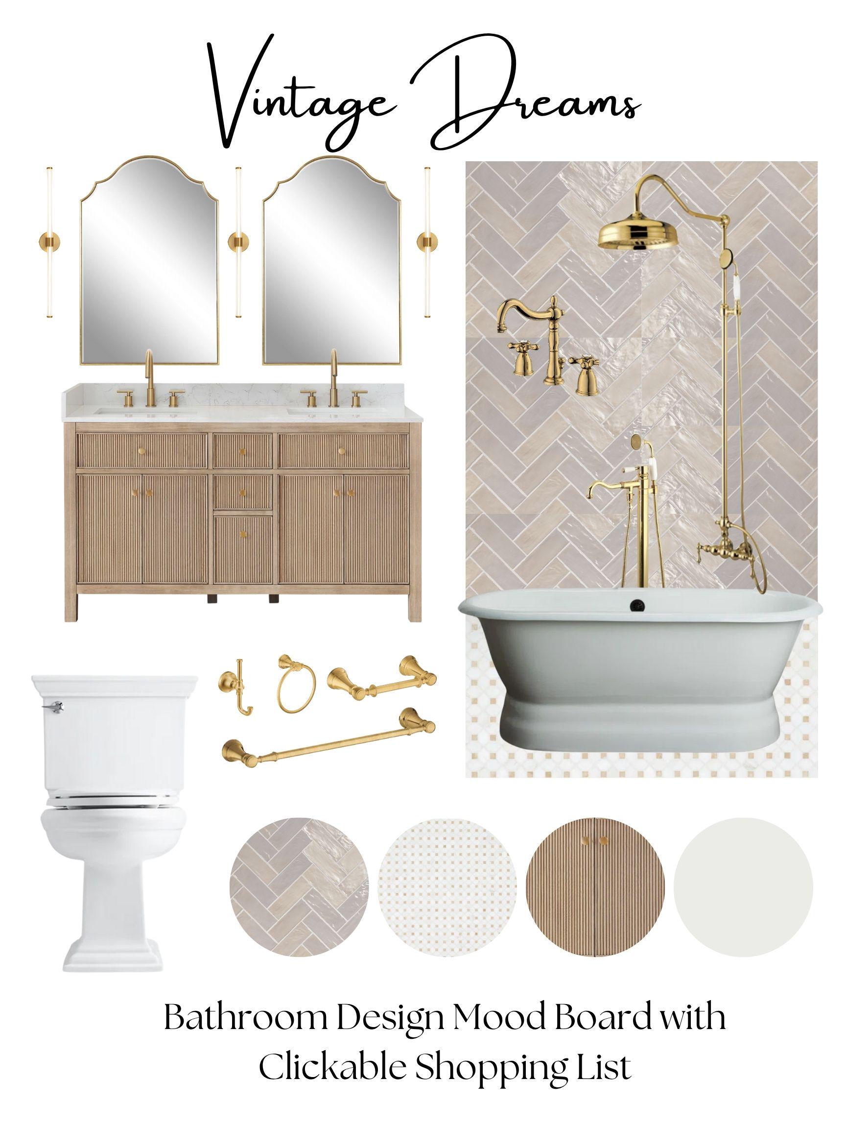 Vintage Bathroom Mood Board | Pre-Designed Bathroom with Shopping Links | Neutral Beige Gold Bathroom Remodel Design
