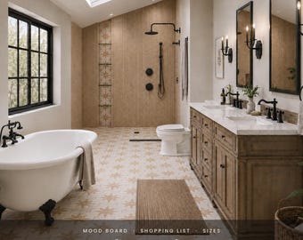 Pre-Designed Modern Farmhouse Bathroom Design Plan | Shopping List with Links, Vanity Sizes, Clearances, Paint Colors, Instant Download
