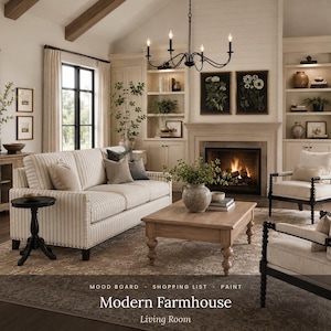 Pre-Designed Modern Farmhouse Living Room Design Plan | Shopping List with Links, 3D Render, Paint Colors, Mood Board, Instant Download