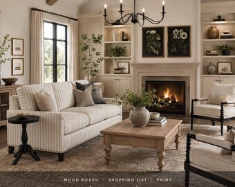 Pre-Designed Modern Farmhouse Living Room Design Plan | Shopping List with Links, 3D Render, Paint Colors, Mood Board, Instant Download